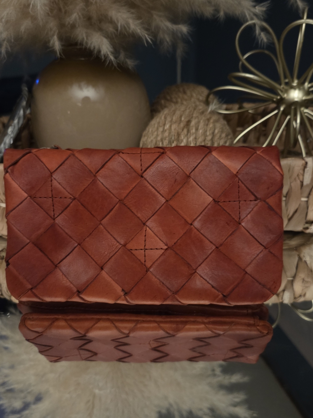 Vilenca Holland Woven Leather Wallet Clutch Cognac Boho Vintage Style